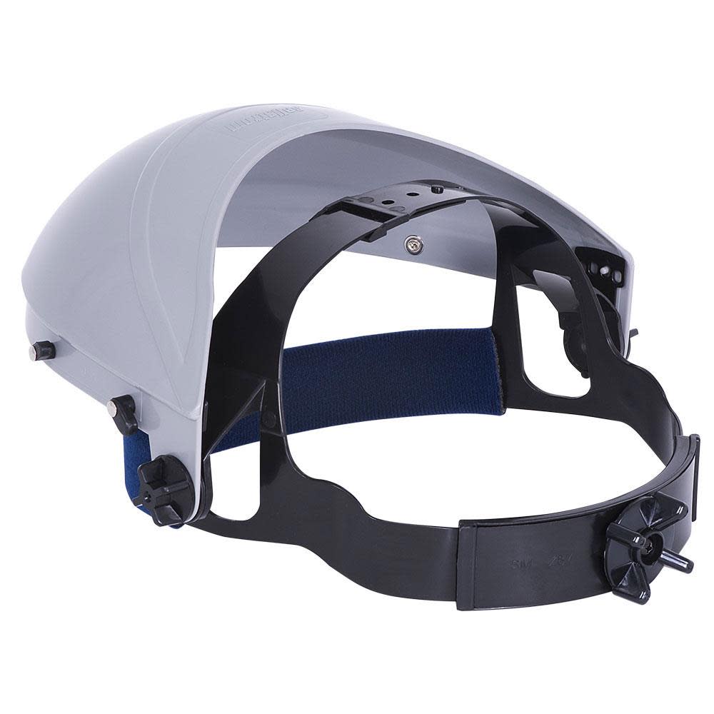 Single Crown Safety Face Shield with Ratchet Headgear， Uncoated Aluminum Bound Window， Clear Tint， Gray Crown