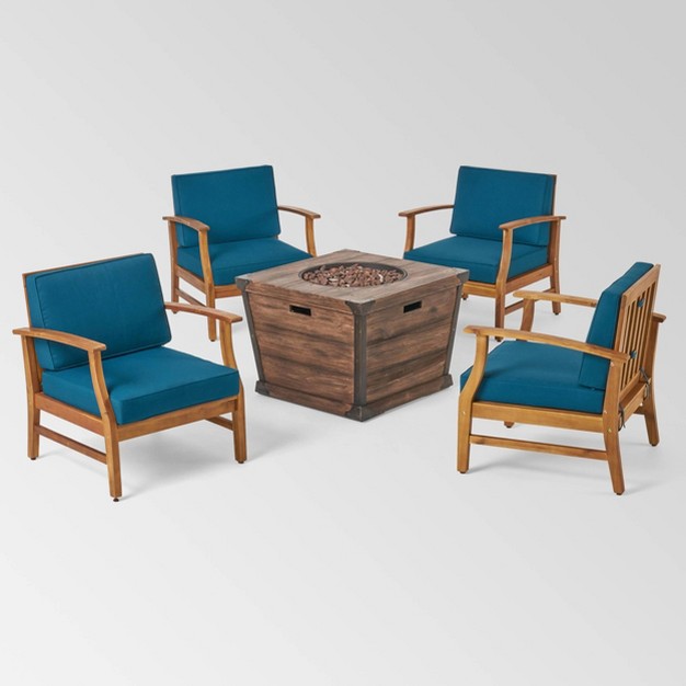 Mark 5pc Acacia Wood Club Chairs amp Fire Pit Teak blue brown Christopher Knight Home