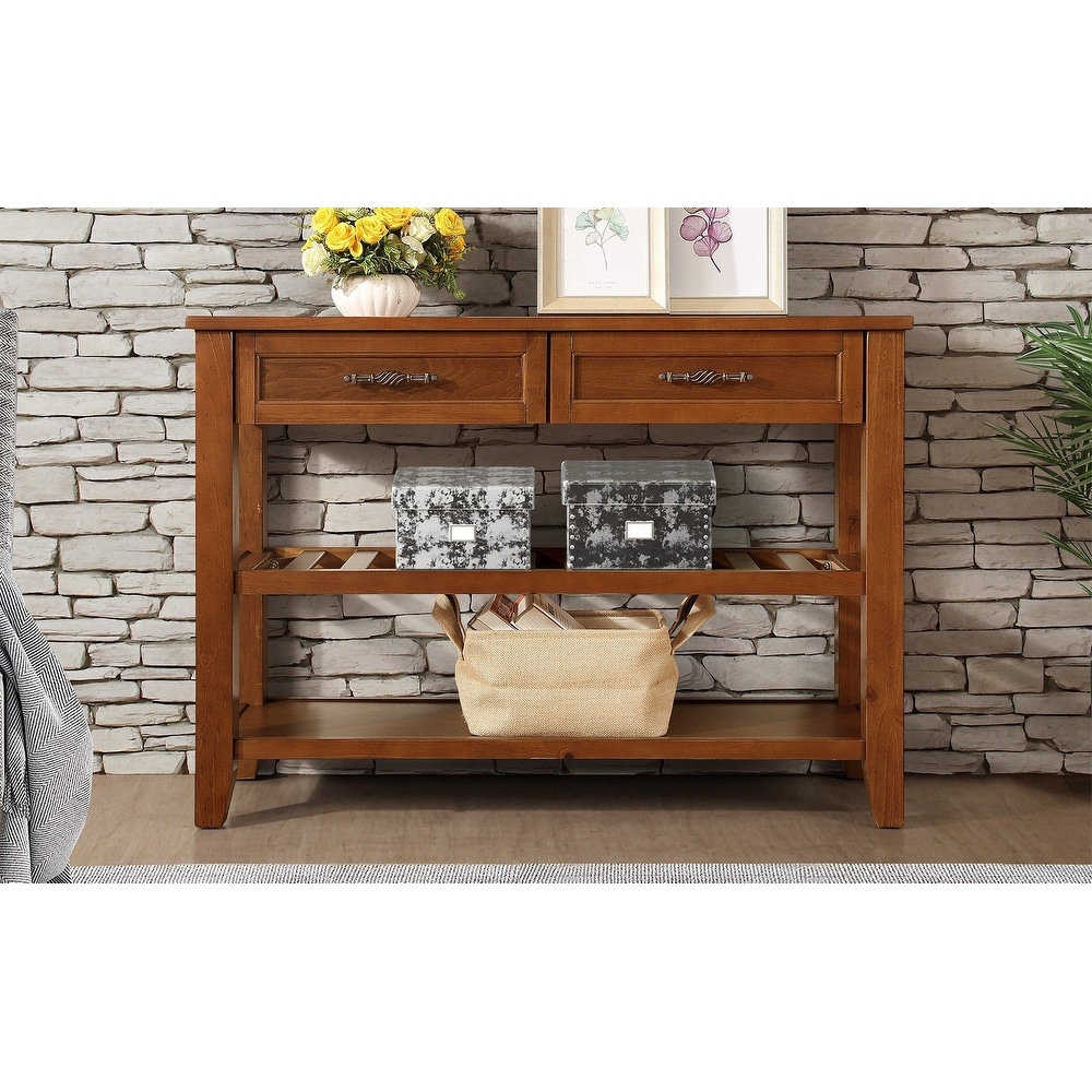 Console Table with 2 Drawers and 2 Tiers Shelves  Entryway Sofa Table Long Narrow Wood Console Table for Living Room  Brown