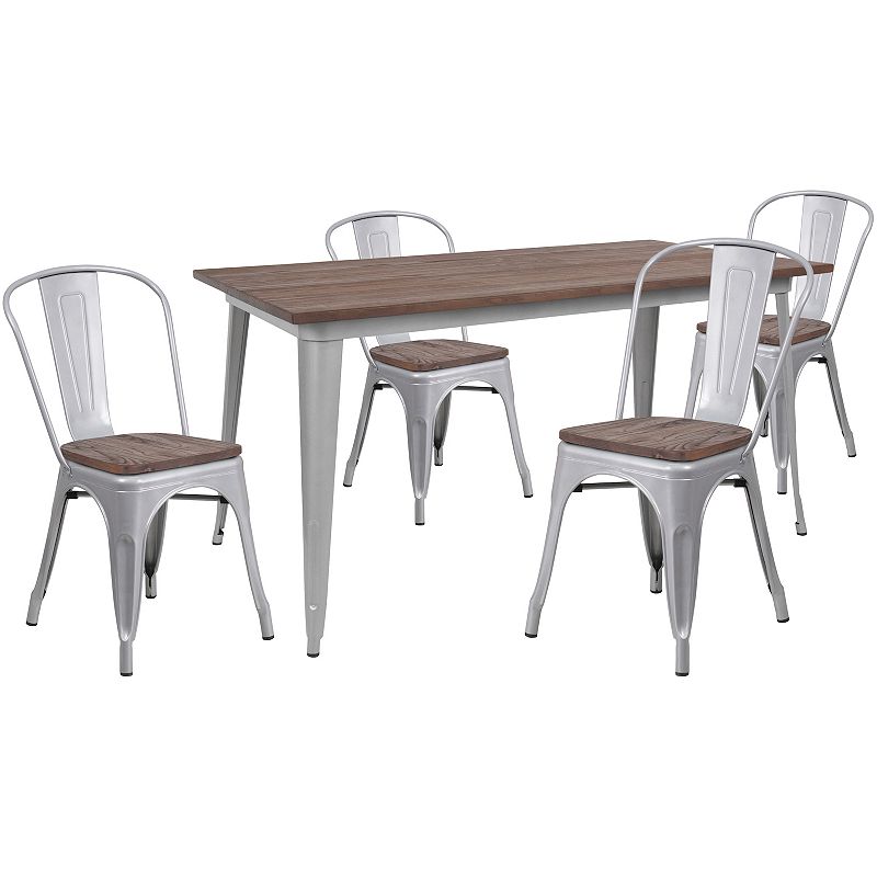 Emma and Oliver 30.25 x 60 Black Metal/Wood Table Set - 4 Stack Chairs