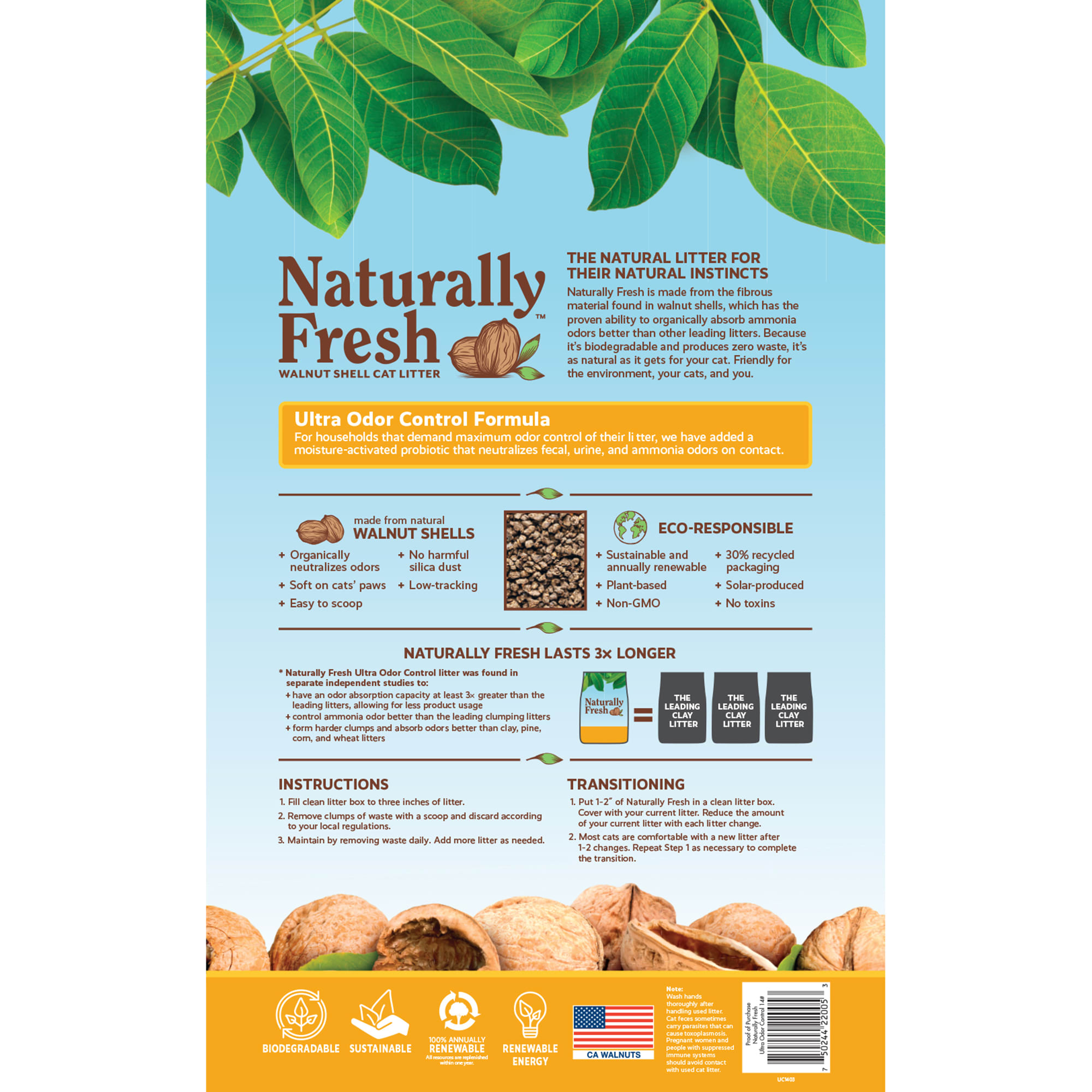 Naturally Fresh Ultra Odor Control Quick-Clumping Natural Multi-Cat Walnut Cat Litter， 26 lbs.