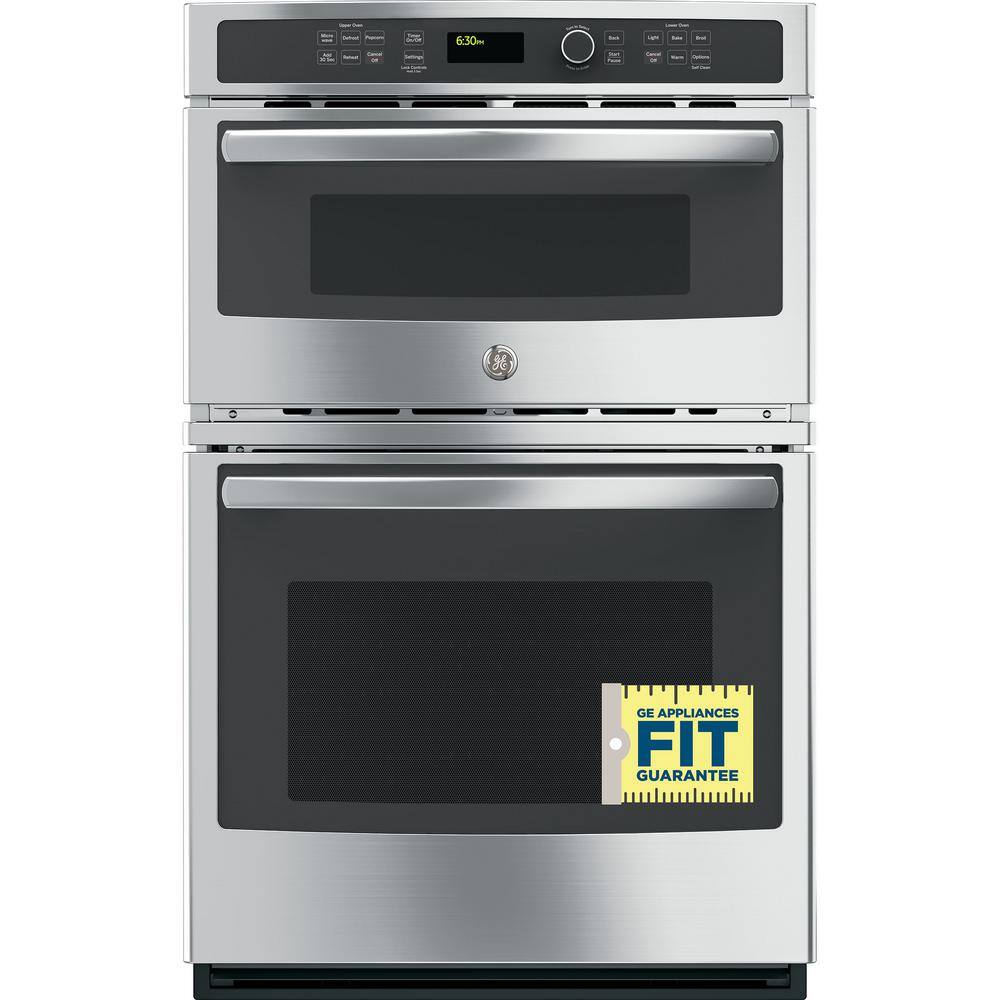 GE 27 in. Double Electric Wall Oven with Built-In Microwave in Stainless Steel JK3800SHSS