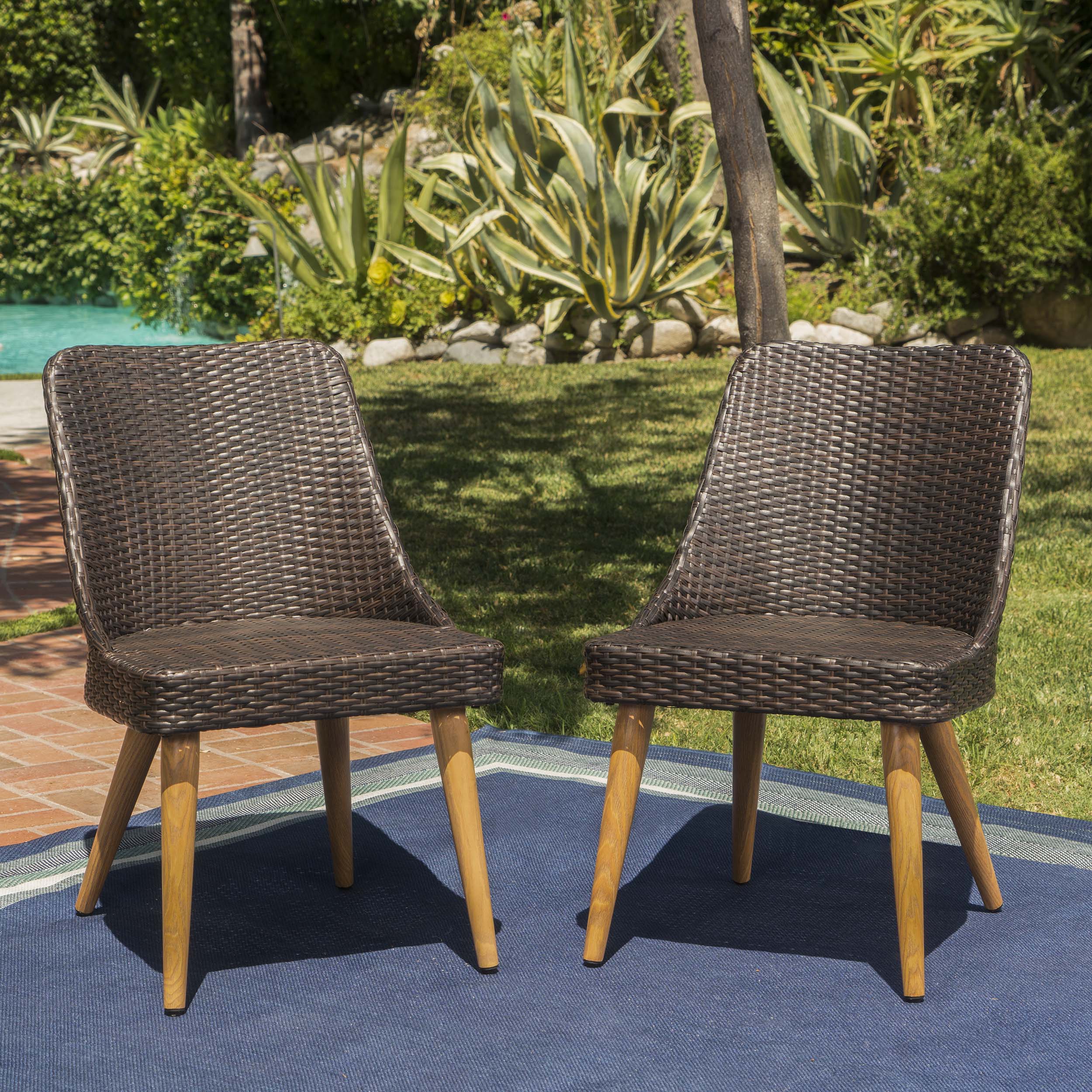 Desmond Outdoor Wicker Dining Chairs with Wood Finished Metal Legs (Set of 2)