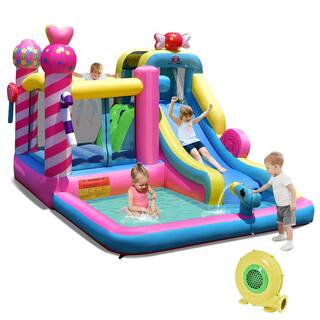 Costway Inflatable Bounce House Sweet Candy Bouncy Castle Bounce House with Water Slide and 480-Watt Blower NP10431