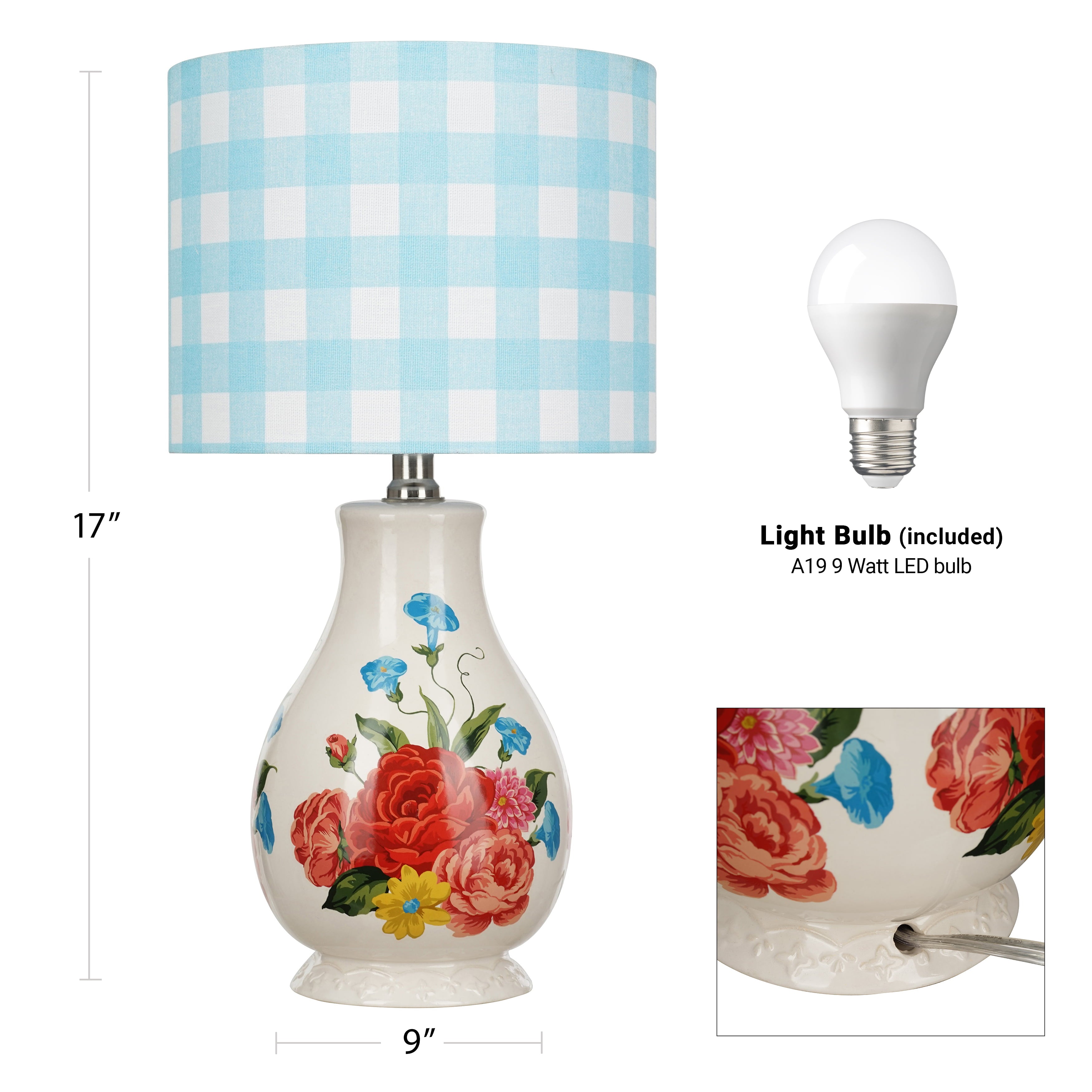 The Pioneer Woman Sweet Rose Table Lamp, Blue Gingham Shade with LED Bulb Included