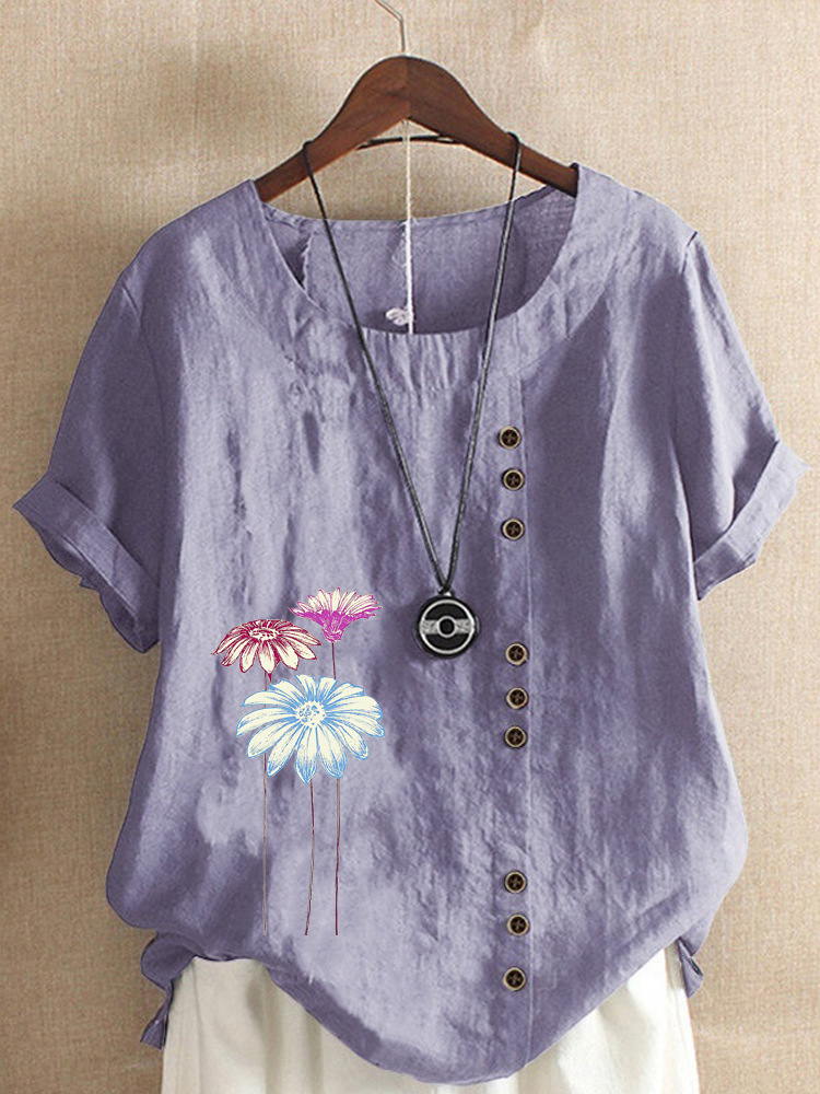 Round Neck Casual Loose Floral Short Sleeve Blouse