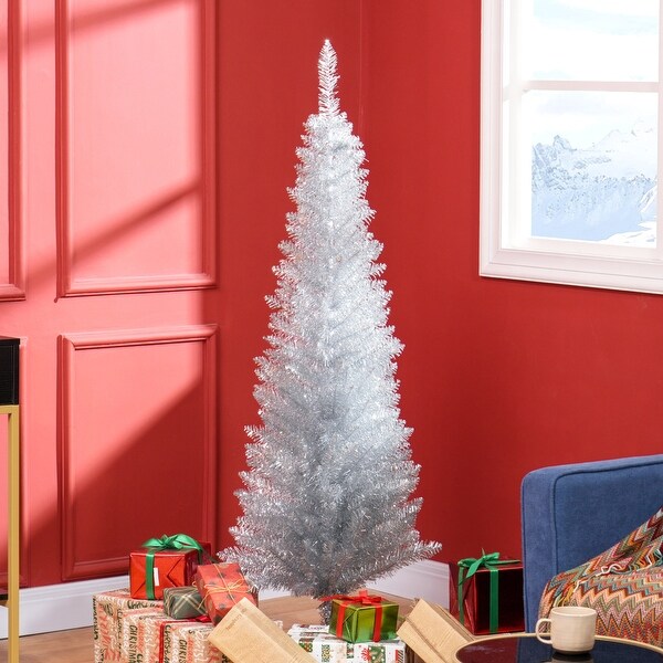 HOMCOM 5' Artificial Pencil Christmas Tree，Slim Xmas Tree with 294 Realistic Branch Tips and Plastic Stand，Silver