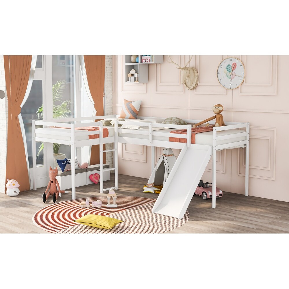 L Shaped Twin Size Loft Bed with Ladder and Slide  White