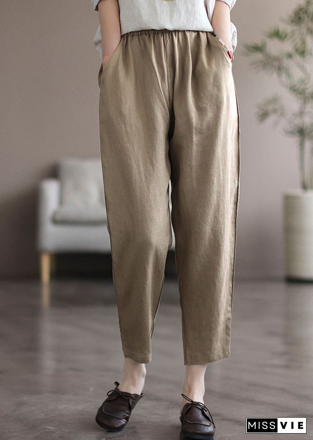 Khaki Pockets Linen Harem Pants High Waist Summer