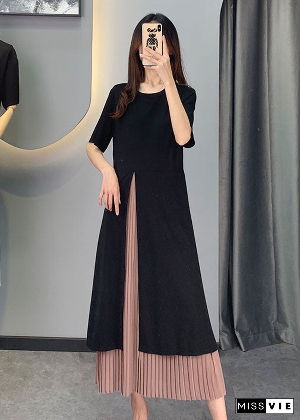 Women Black Chiffon Patchwork side open Dresses Short Sleeve