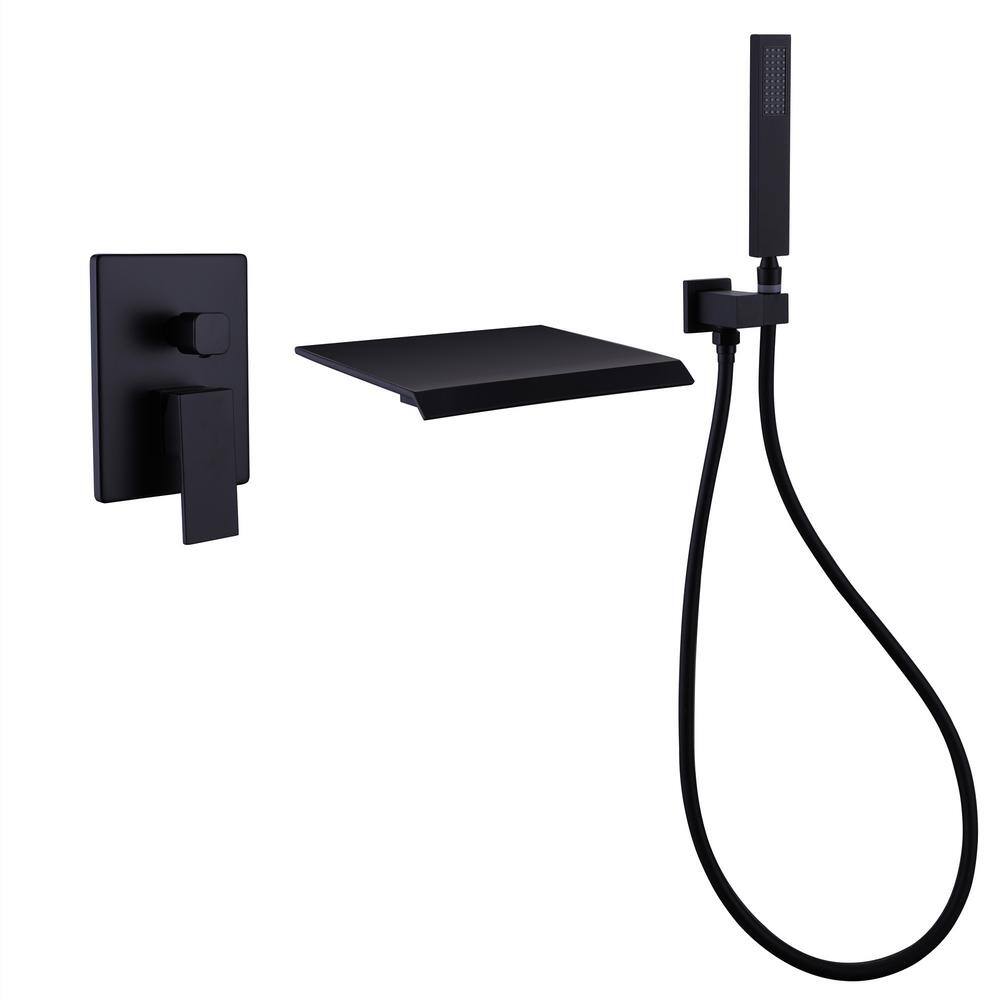 WELLFOR Single-Handle Wall Mount Roman Tub Faucet with Hand Shower and Waterfall Spout in Matte Black (Valve Included) CR-P-WM-2W02MB