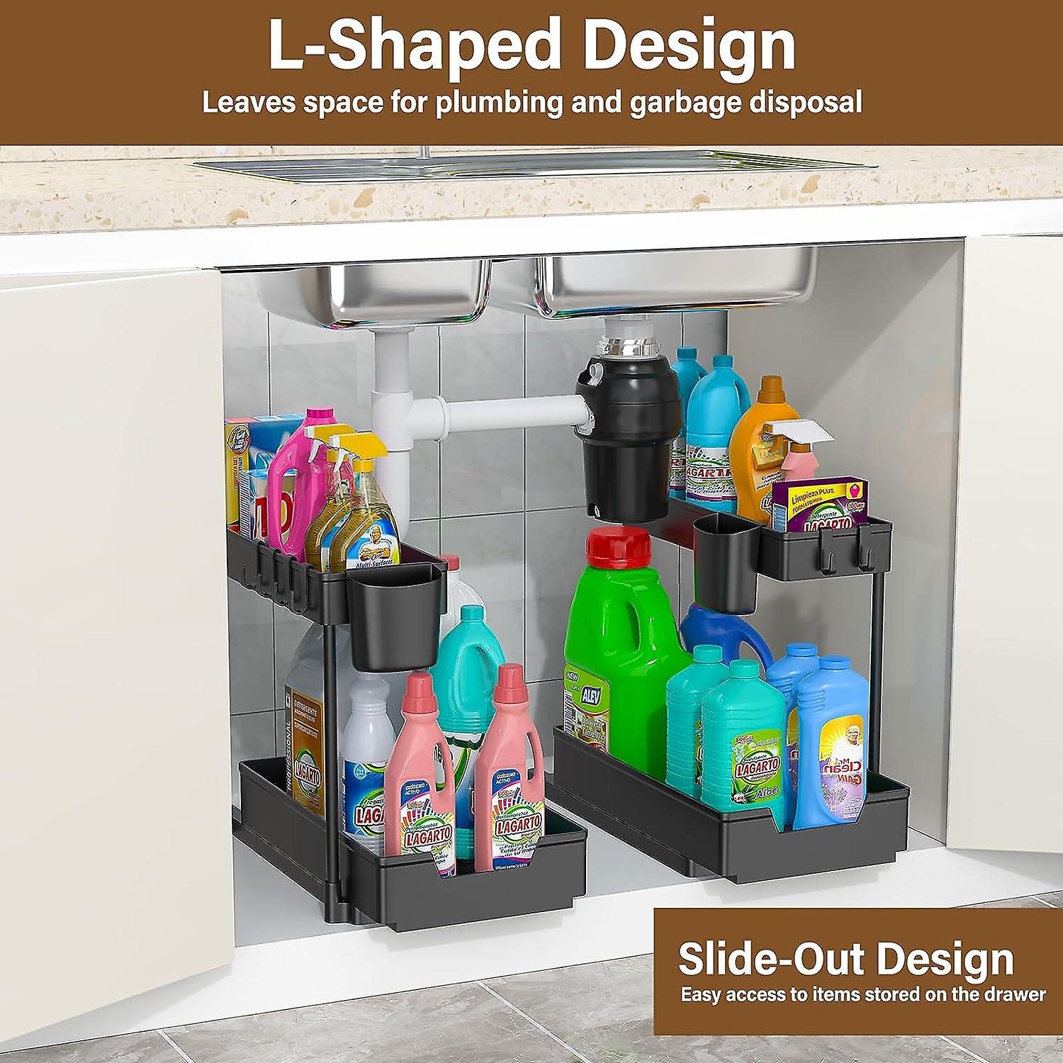 2 Packunder Sink Organizers And Storage L-shape 2 Tier Pull Out Sliding Drawer Narrow Space Storage Multipurpose Sliding Kitchen Cabinet Bathroom Orga