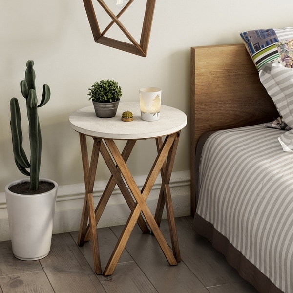 COZAYH Pedestal Farmhouse End Table， Distressed White Top with Base for Modern Farmhouse， Boho Decor， Round