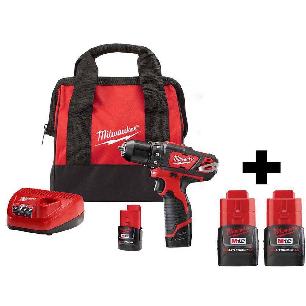 MW M12 12-Volt Lithium-Ion Cordless 38 in. DrillDriver Kit With Two Free M12 1.5Ah Batteries 2407-22-48-11-2411