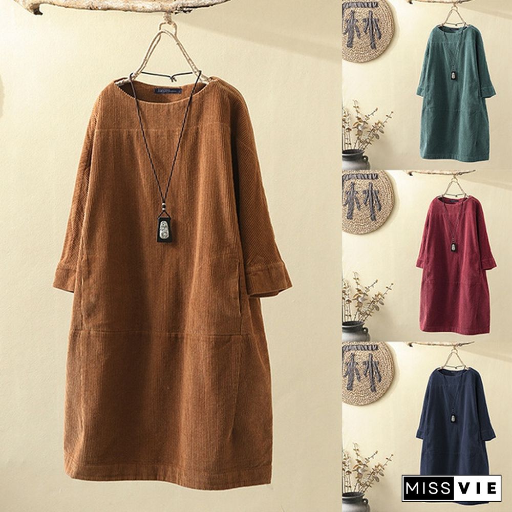 Womens Oversize Corduroy Crew Neck Long Sleeve Pure Color Casual Loose Pockets Long Shirt Dress Midi Dress Tunic Tops Plus Size