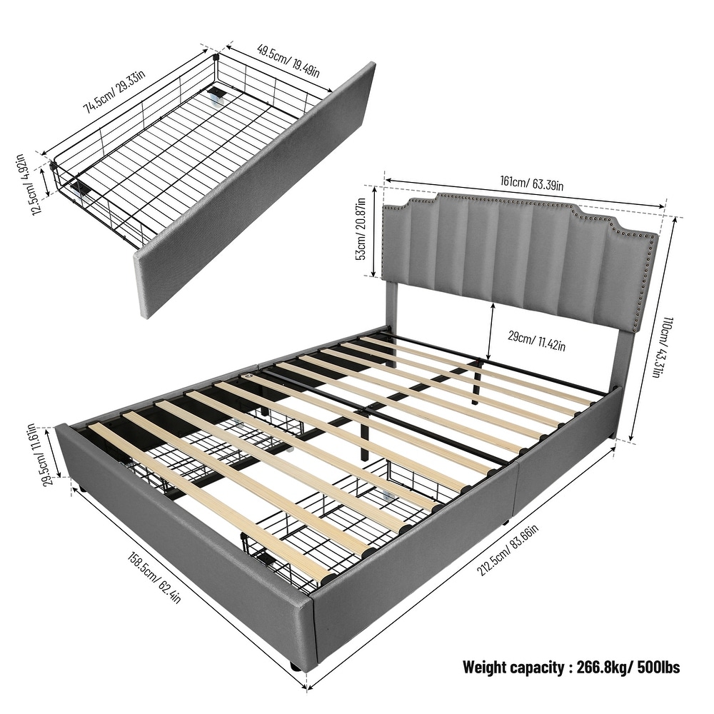 Queen Size Upholstered Platform Bed Linen Bed Frame with 2 Drawers Stitched Padded Headboard