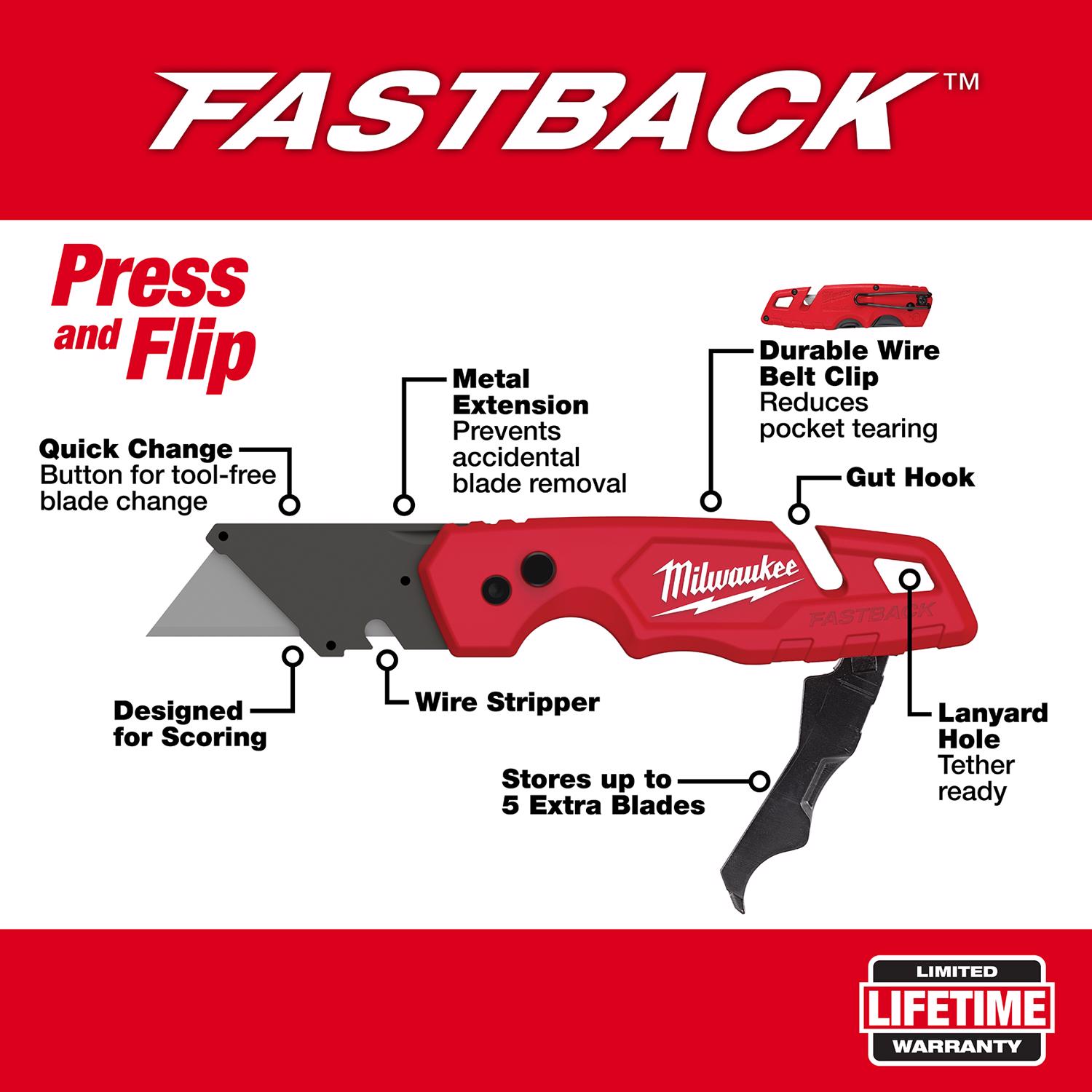 MW Fastback 6-3/4 in. Press and Flip Folding Utility Knife Red 1 pc