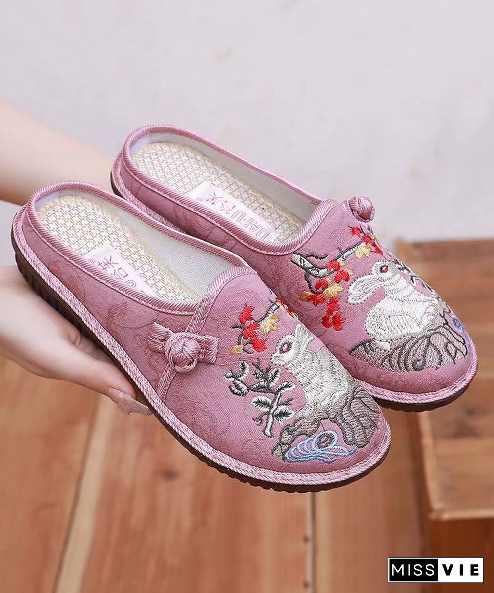 Pink Embroidery Retro Splicing Slide Sandals