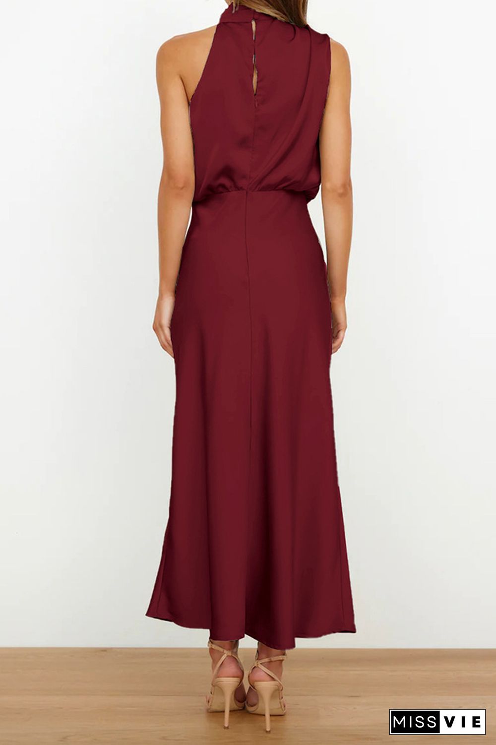 Ruched Cut Shoulder Sleeveless Sily Maxi Dress