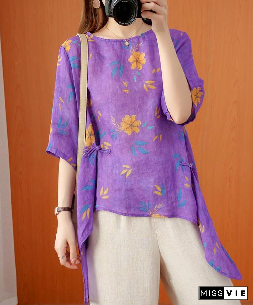 French o neck asymmetric summer top Shirts purple print top