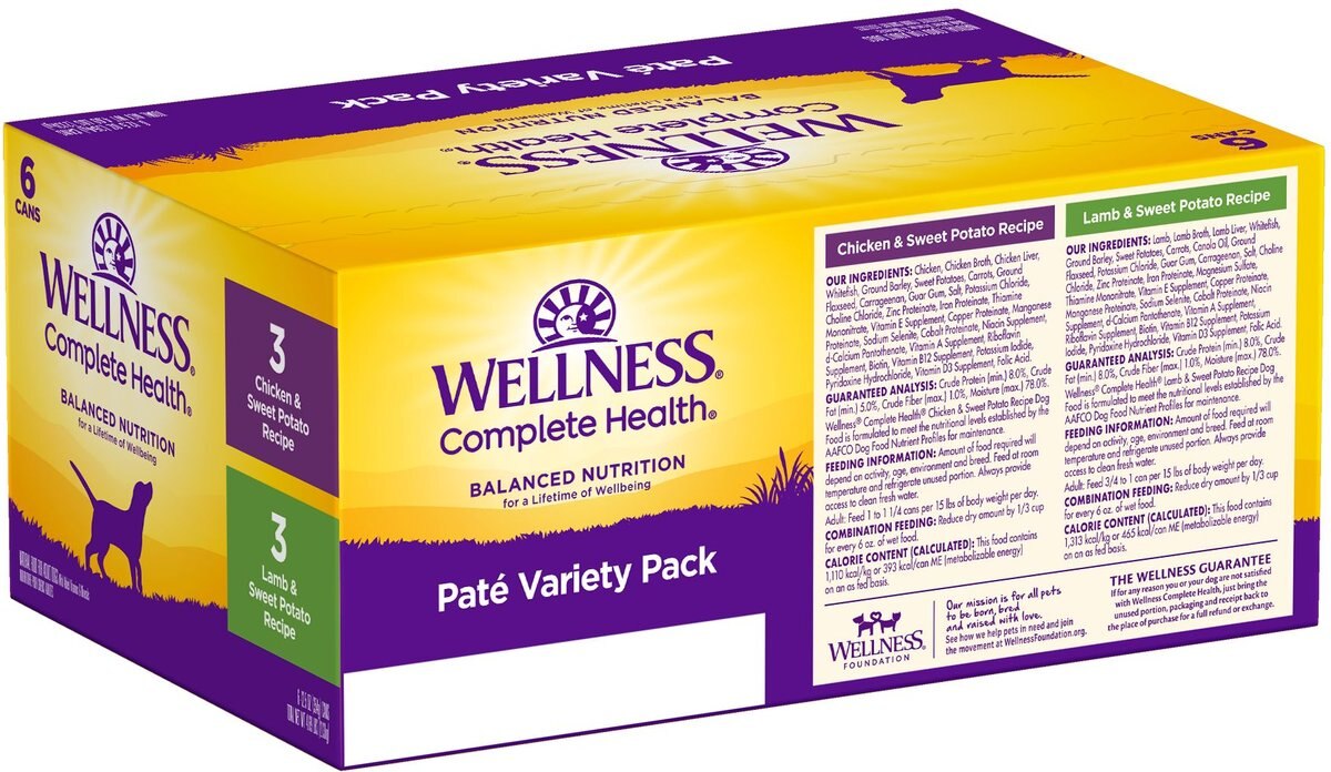 Wellness Complete Health Pate Variety Pack Wet Dog Food， 12.5-oz case of 6