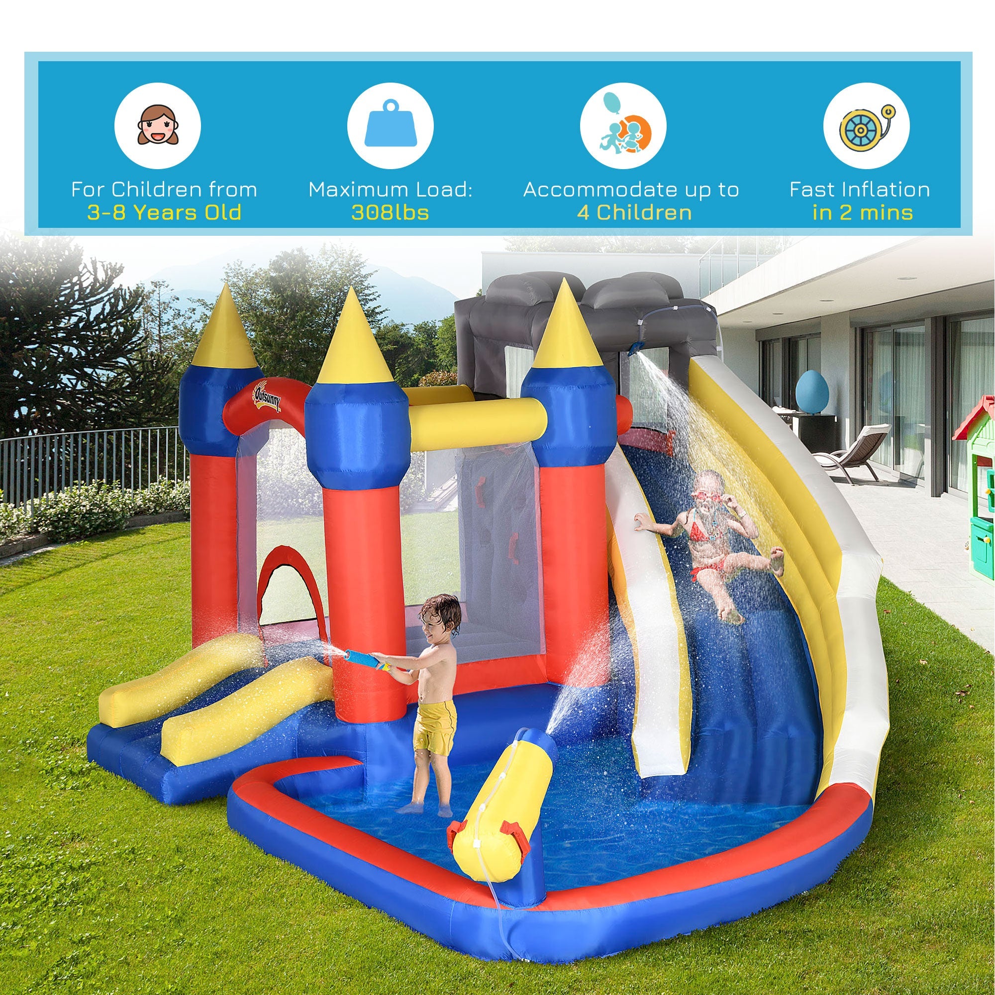 Outsunny 6-in-1 Inflatable Water Slide, Kids Castle Bounce House with Slide, Trampoline, Basket Hoop, Pool, Cannon, Climbing Wall Includes Carry Bag, Repair Patches, Basketball, 680W Air Blower