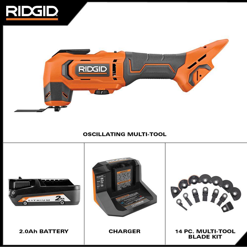 RIDGID 18V Cordless Oscillating Multi-Tool w 2.0 Ah Battery Charger and 14-Piece Oscillating Multi-Tool Blade Accessory Kit R86241K-AC24J14