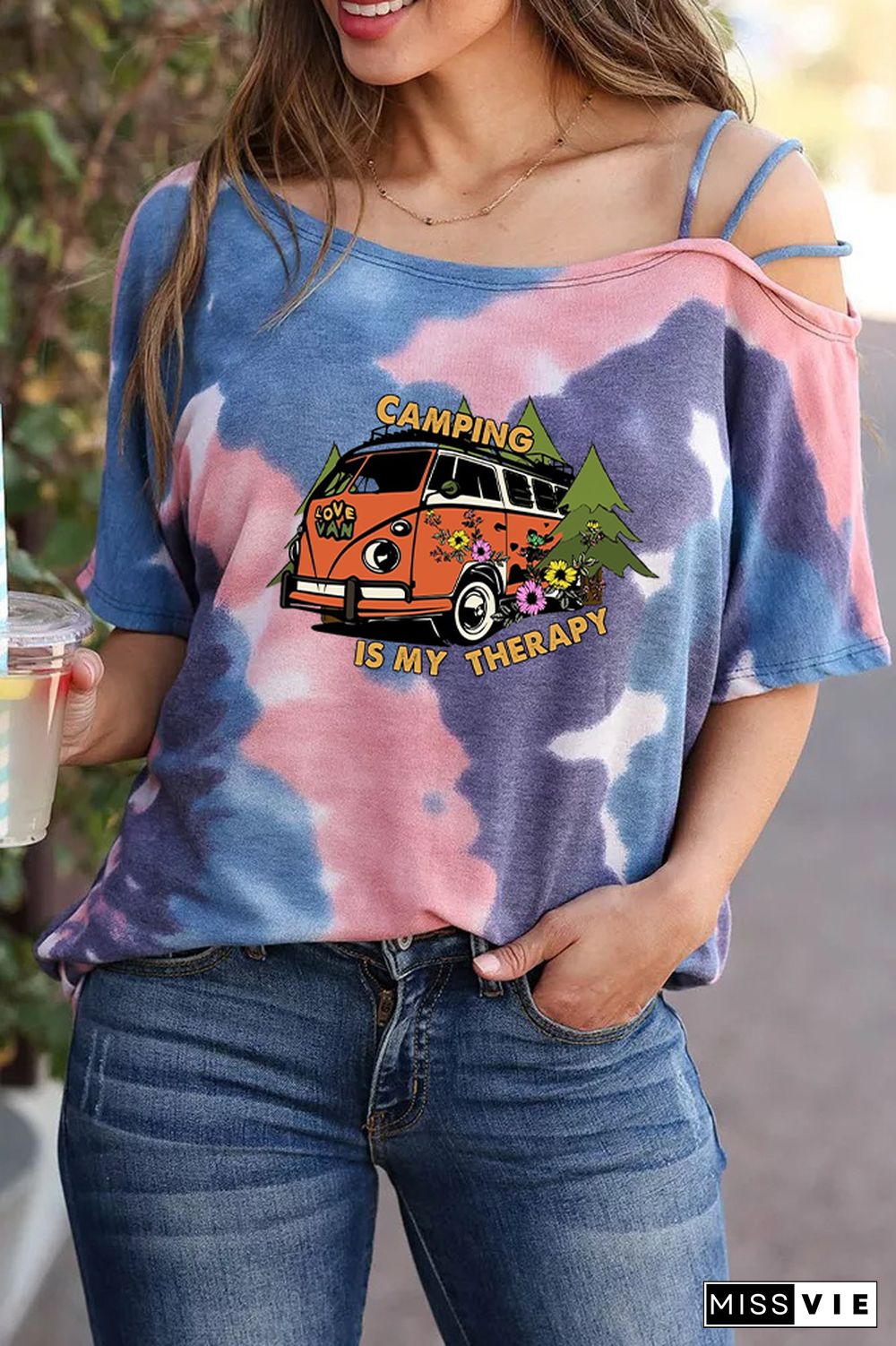 Camping Print Graphic Tees for Women Wholesale Short Sleeve T shirts Top