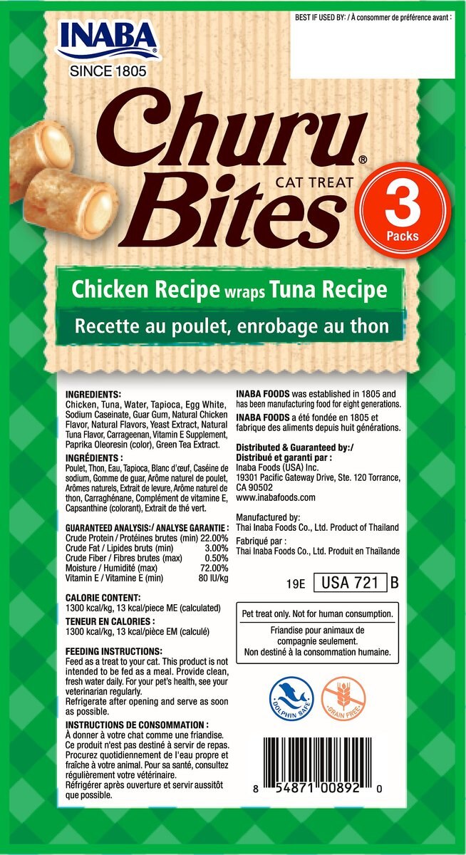 Inaba Churu Bites Chicken Recipe wraps Tuna Recipe Grain-Free Cat Treats， 0.35-oz， pack of 3