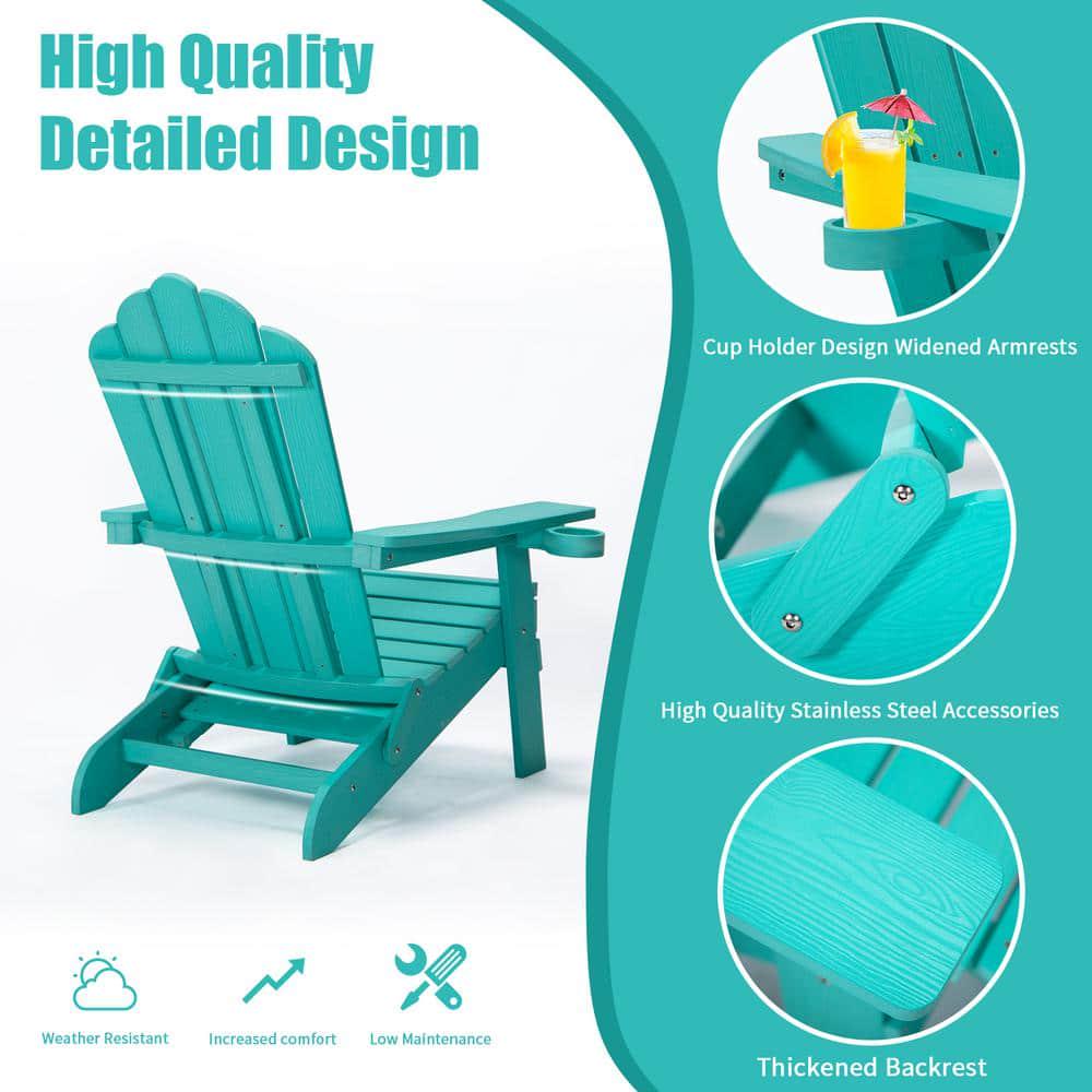 FORCLOVER Aruba Blue Reclining Composite Plastic WeatherResistant Folding Adirondack Chair with Pullout Ottoman and Cup Holder