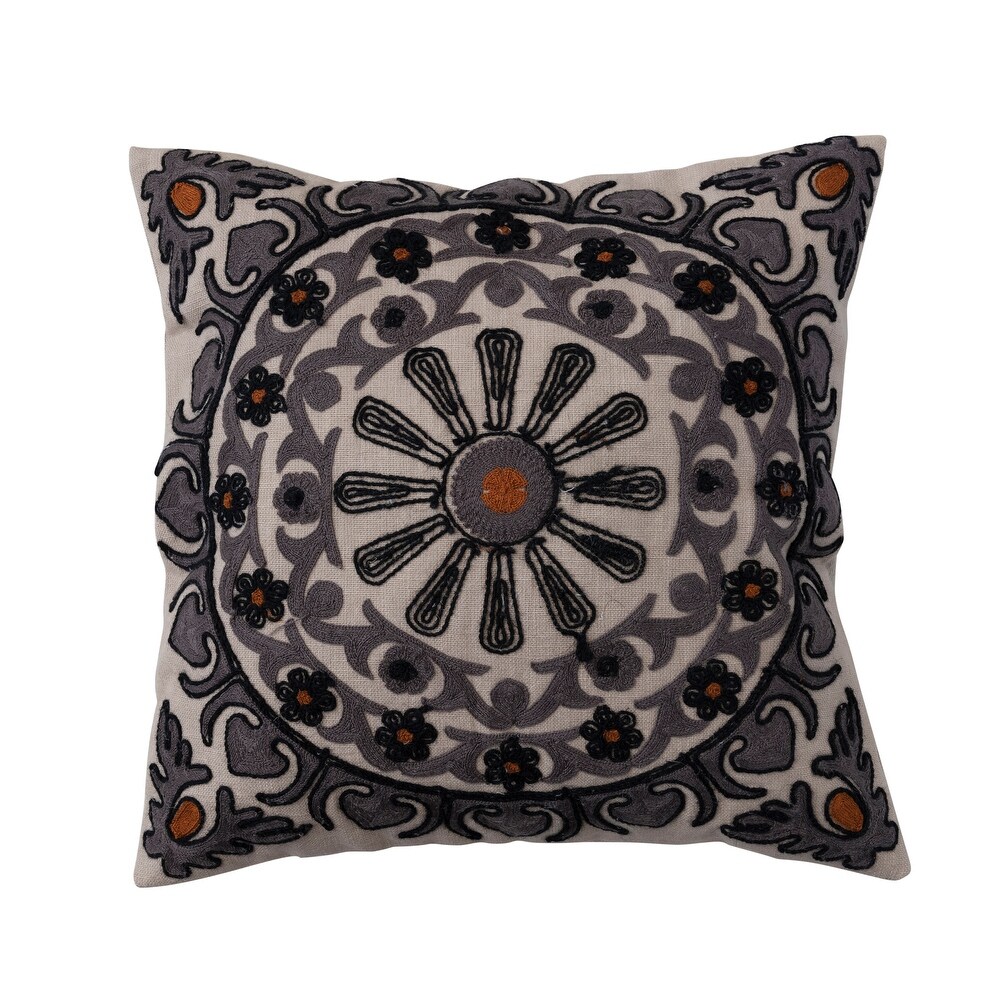 Cotton Throw Pillow Cover with Embroidered Floral Pattern and Chambray Back