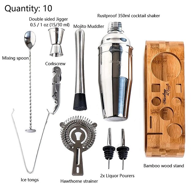 Insulated Cocktail Shaker Bartender Kit Cocktail Shaker Mixer Stainless Steel 350ml Bar Tool Set with Stylish Bamboo Stand Perfect Home Bartending Kit and Martini Cocktail Shaker Set