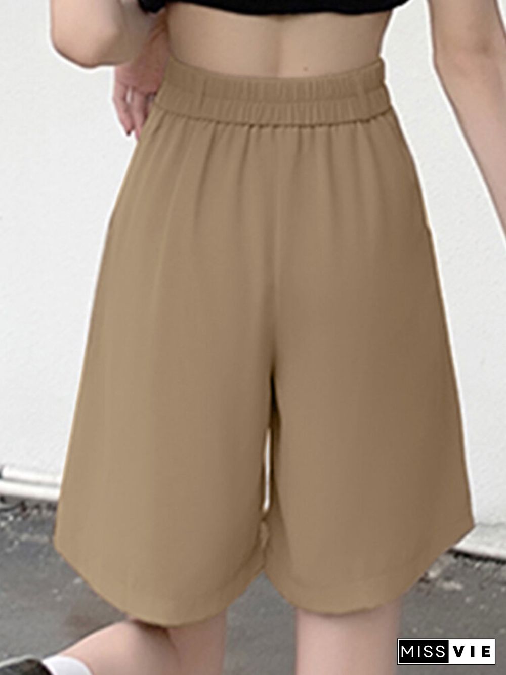 Women Casual Solid Pocket Pleated Wide Leg Shorts