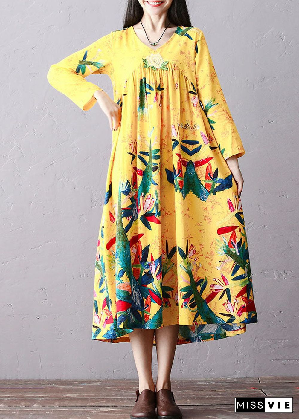 Italian Yellow Wrinkled Embroideried Print Cotton Long Dress Long Sleeve