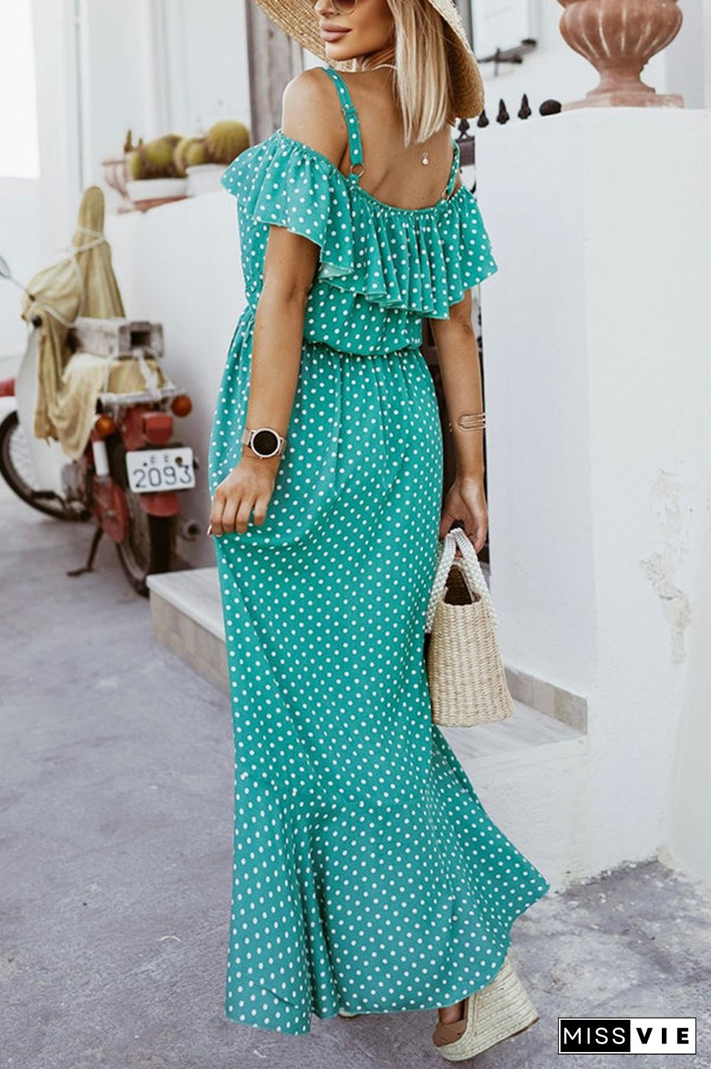 Dot Ruffles Off Shoulder Irregularity Maxi Dress