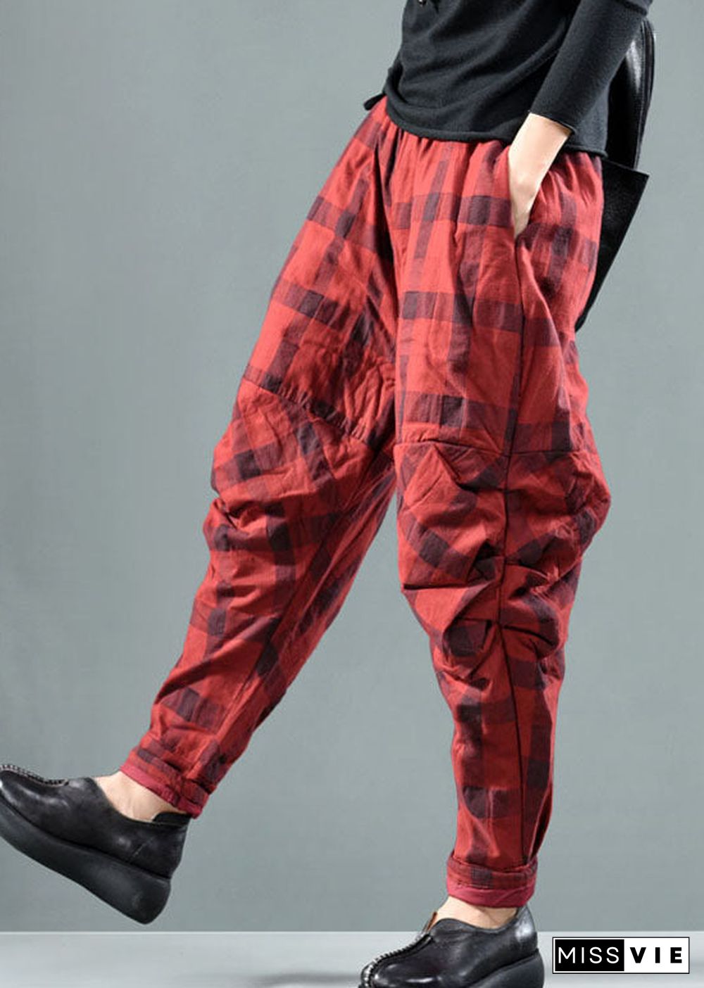 Red Plaid Patchwork Fine Cotton Filled Pants Winter