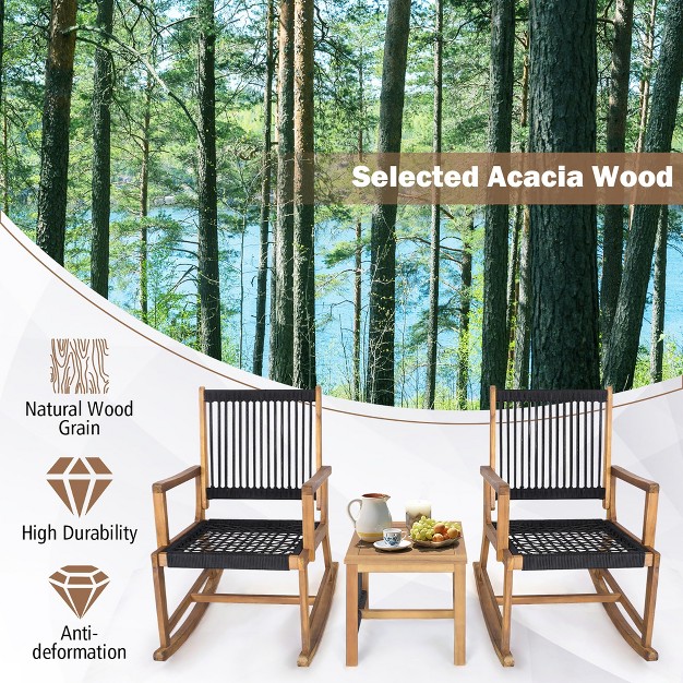 Tangkula 3 Piece Acacia Wood Rocking Chair Set W Coffee Table amp All weather Rope Patio Poolside