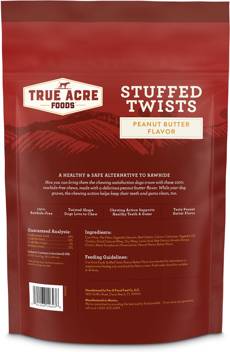 True Acre Foods Rawhide-Free Stuffed Twists Peanut Butter Flavor Treats， 6 count