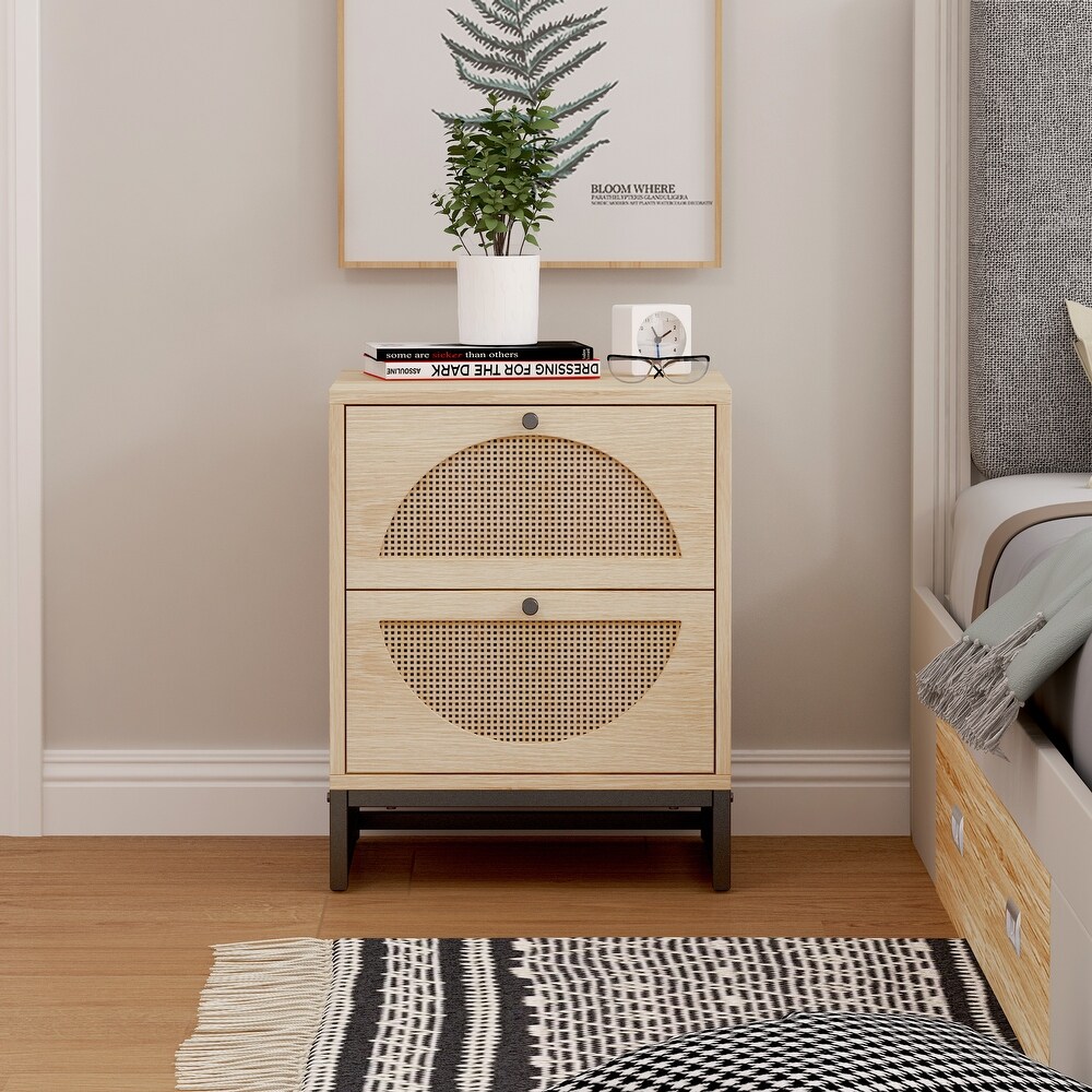 Natural Rattan Bark 2 drawer Nightstand  Semicircular Pattern Embedded  Upper and Lower Drawers  Protruding Round Handles