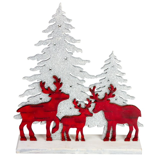 Reindeer Family With Sliver Glittered Trees Christmas Decoration