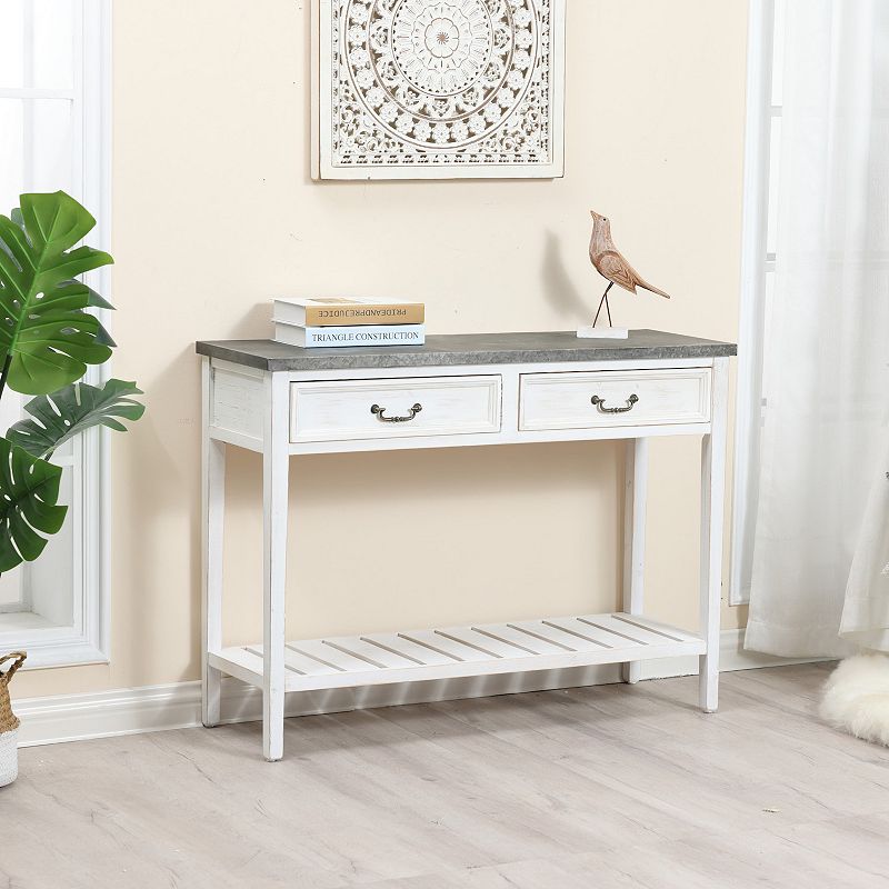 LuxenHome Farmhouse Distressed White Wood 2-drawer 1-shelf Console And Entry Table