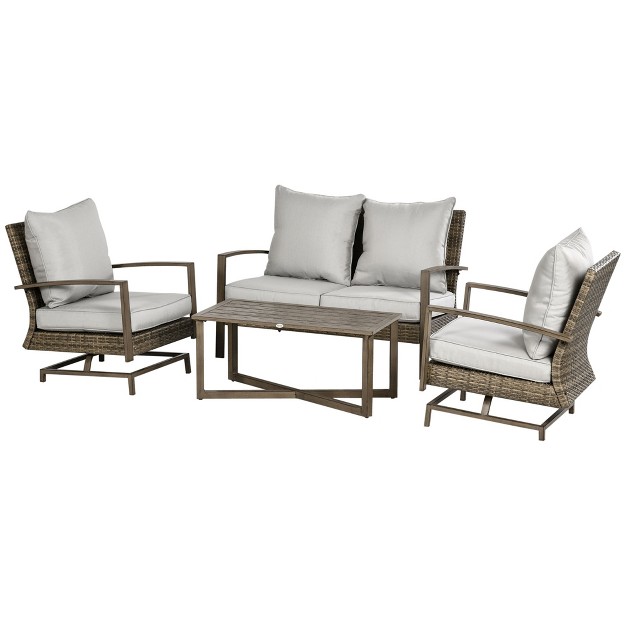 Outsunny Patio Furniture Set 4 Piece Outdoor Rattan Conversation Set With 2 Rocking Chairs Cushions Loveseat Sofa amp Coffee Table