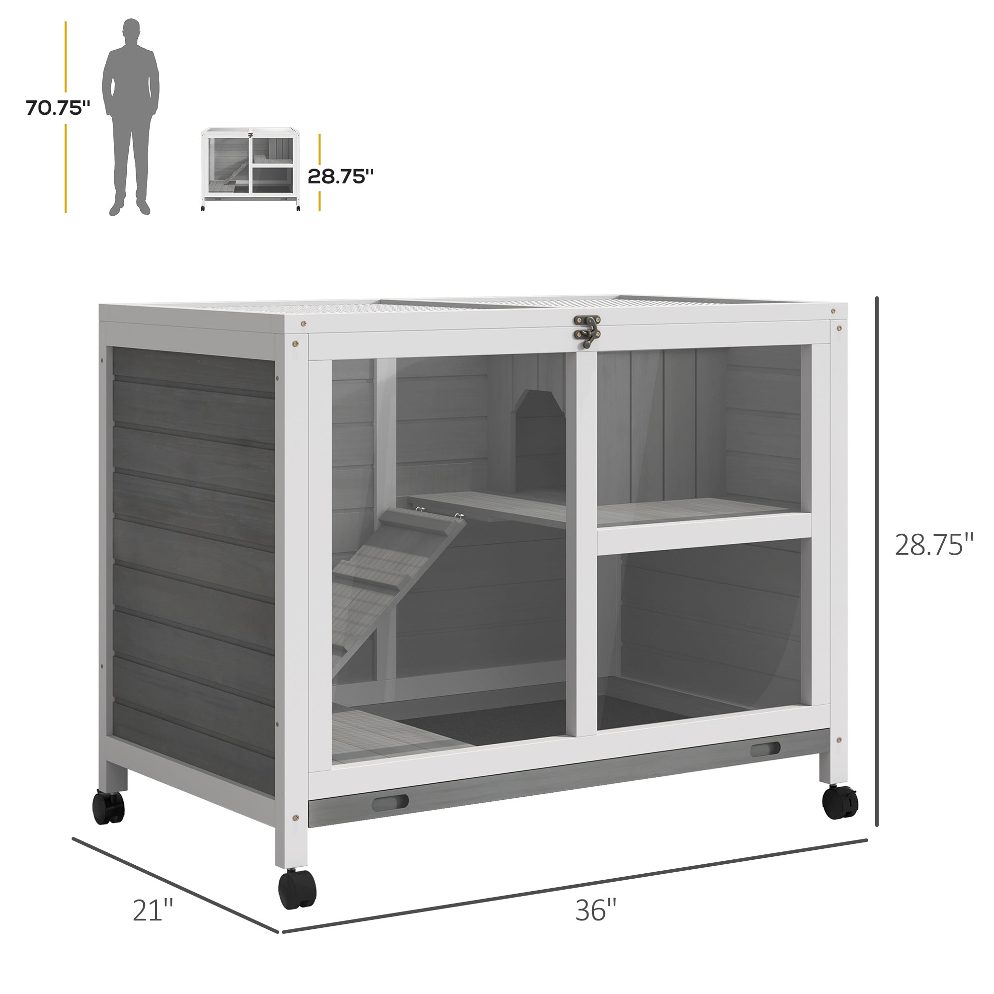 PawHut Indoor Rabbit Hutch with Wheels， Desk and Side Table Sized， Wood Rabbit Cage， Waterproof Small Rabbit Cage， Gray