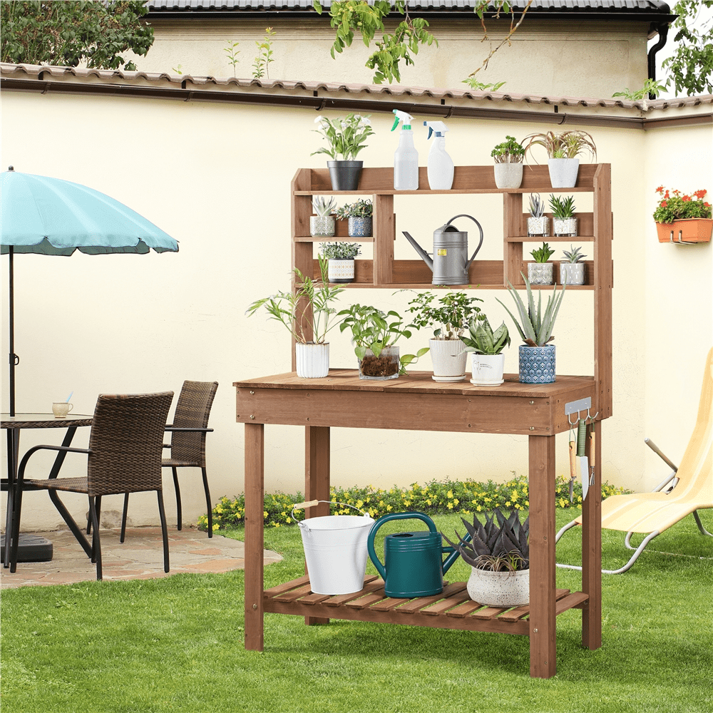 Yaheetech Potting Bench Table with Display Rack/ Storage Shelf/ Hanger, Brown