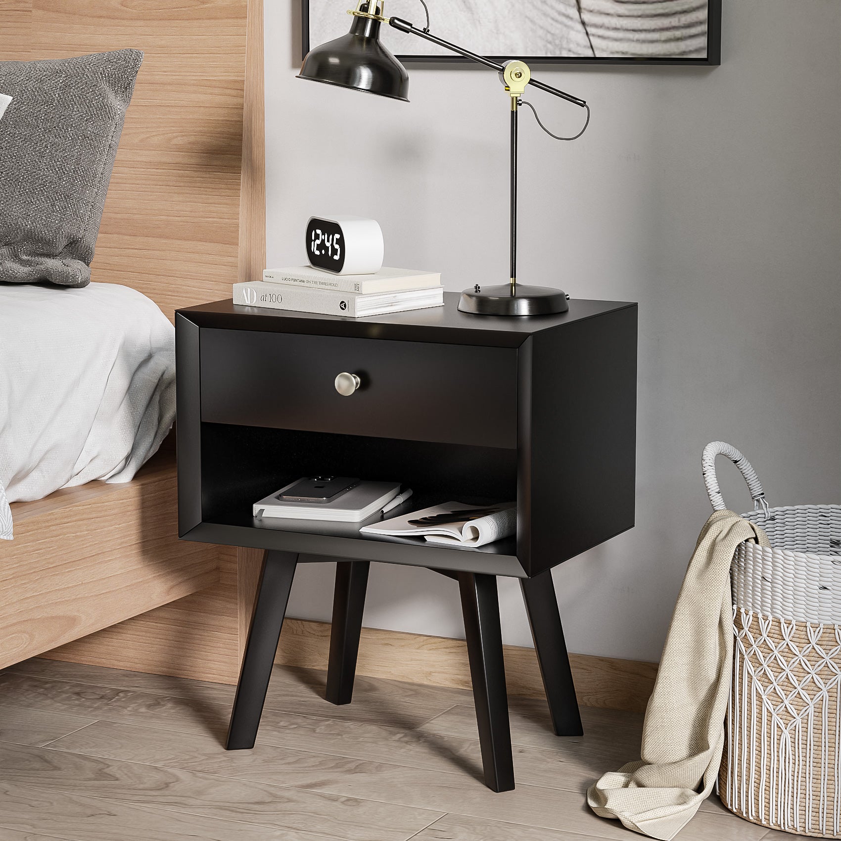 Semiocthome Black Matte Vintage Diana 1 Drawer Nightstand 23