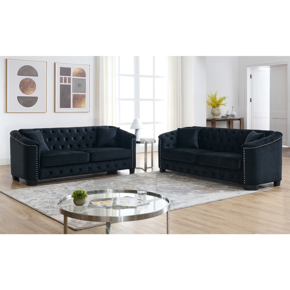 Black Modern Velvet Sofa Set with Pillows (3 Seater * 2)