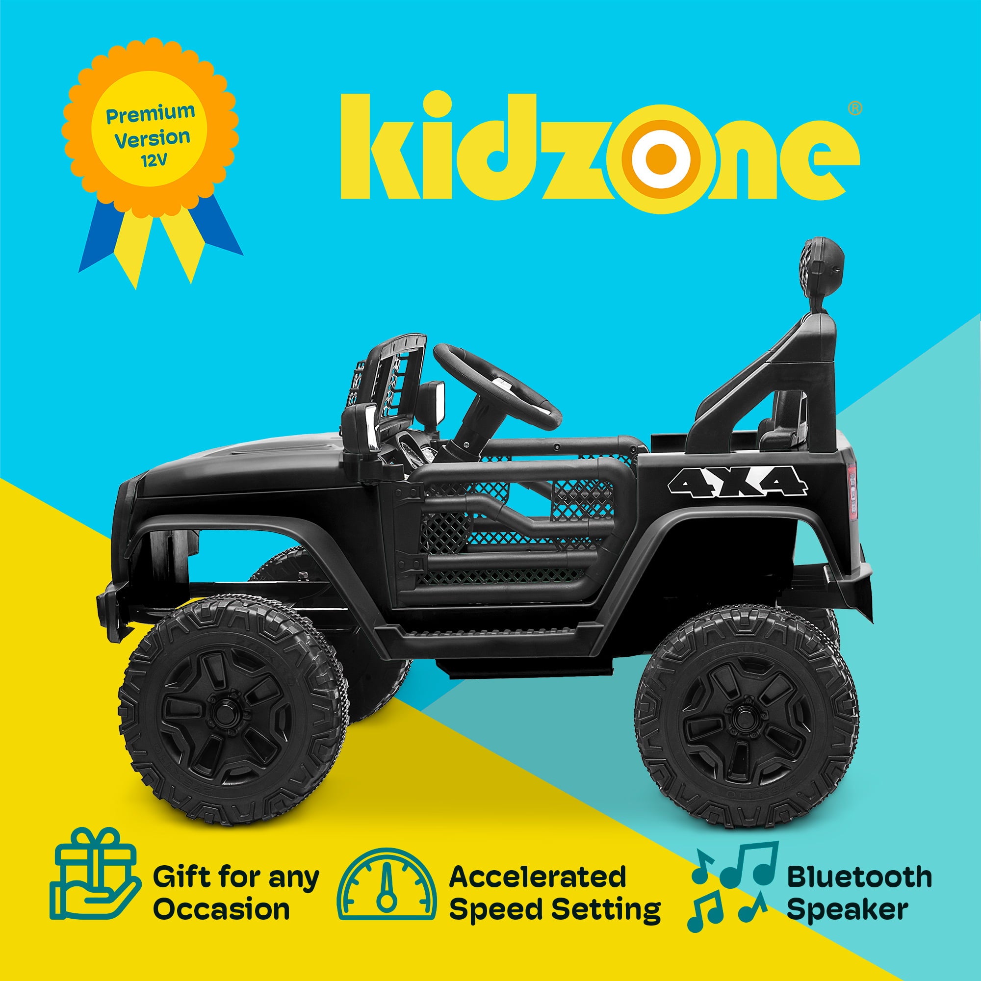 Kidzone 12V Battery Powered Electric Ride-on SUV Toy Vehicle for Boys & Girls, DIY License Plate, 4 Wheeler Quad Car, MP3, High Low Speeds, LED Lights, Bluetooth - Black