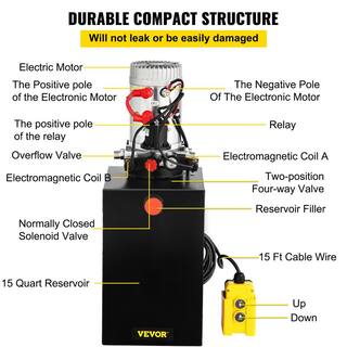 VEVOR 15 qt. 12-Volt Hydraulic Power Pump Unit Electric Dump Trailer Pump with Metal Reservoir for Car Lifting 15LCZYYBTXSZY0001V0