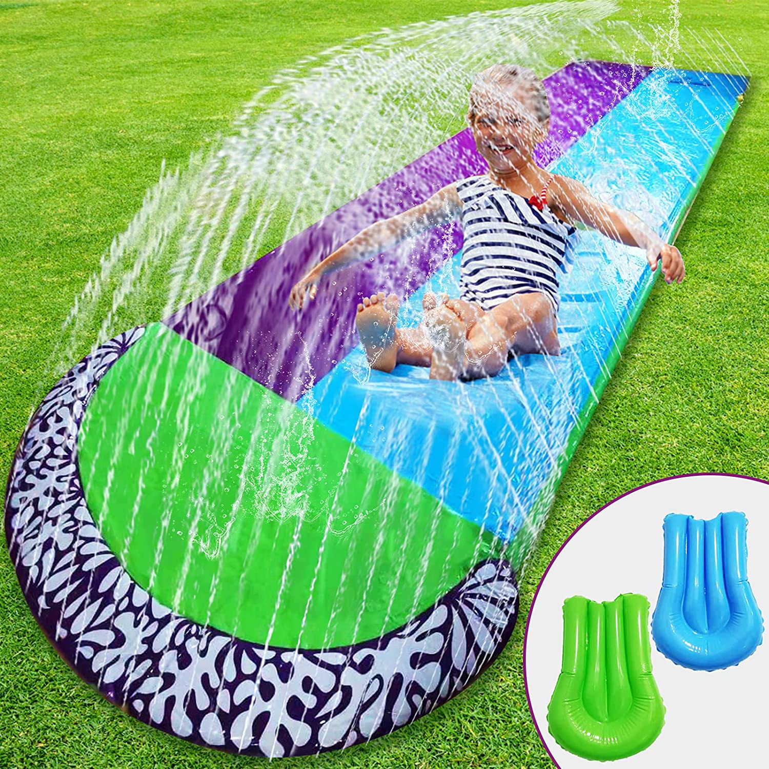 Intera Slip and Slides with 2 Bodyboards Water Toys, Backyard Giant Racing Lanes Splash Outdoor Pool Inflatable Water Slides Summer Play,15.7ft x 55in