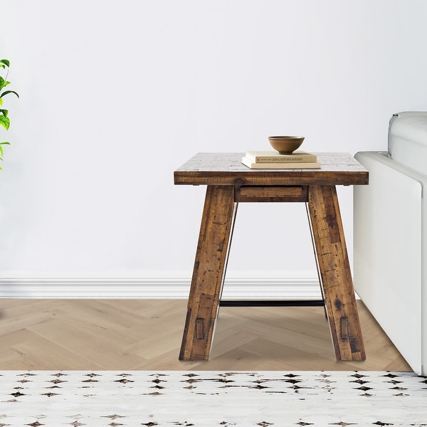 End Table with Plank Style and Trestle Base， Rustic Brown